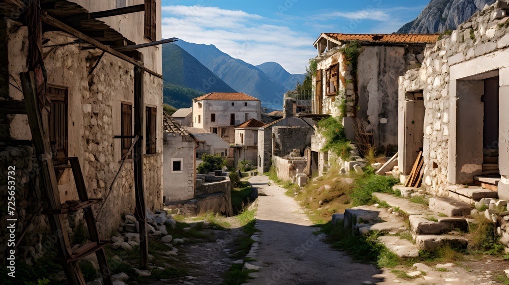 Streets, houses, ruins and fortress walls of the old town Bar. Europe. Montenegro