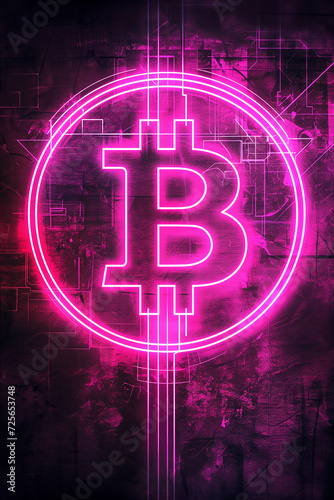Cyberpunk style bitcoin symbol in pink neon on dark background
