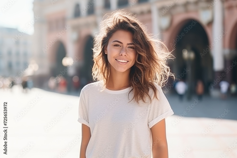 Portrait of a smiling young woman with long hair in the city