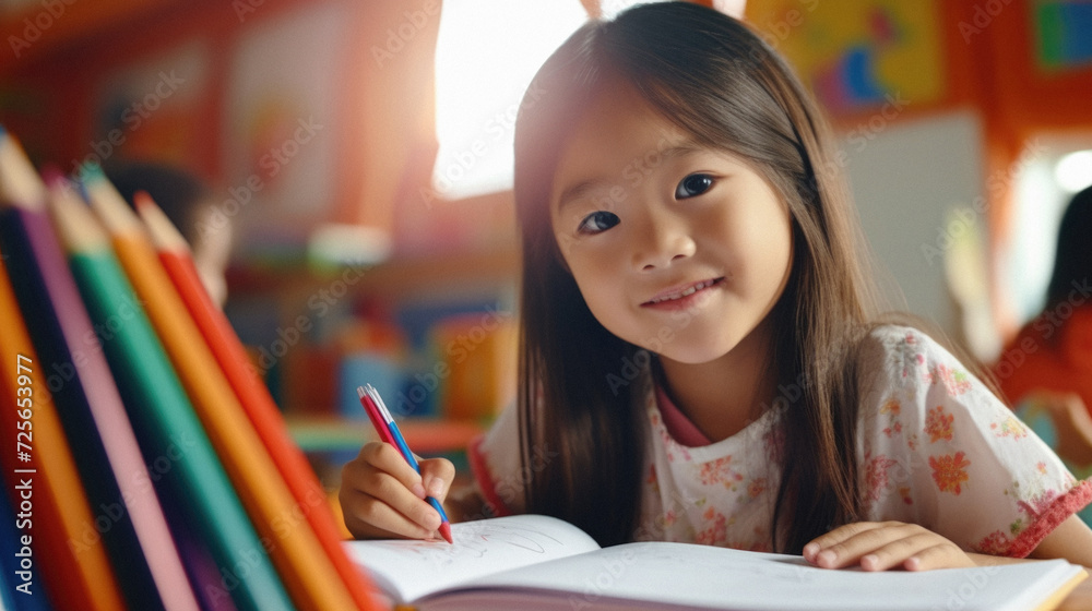 Cute asian child girl drawing with colorful pencils in classroom Cute asian child girl drawing with colorful pencils in classroom