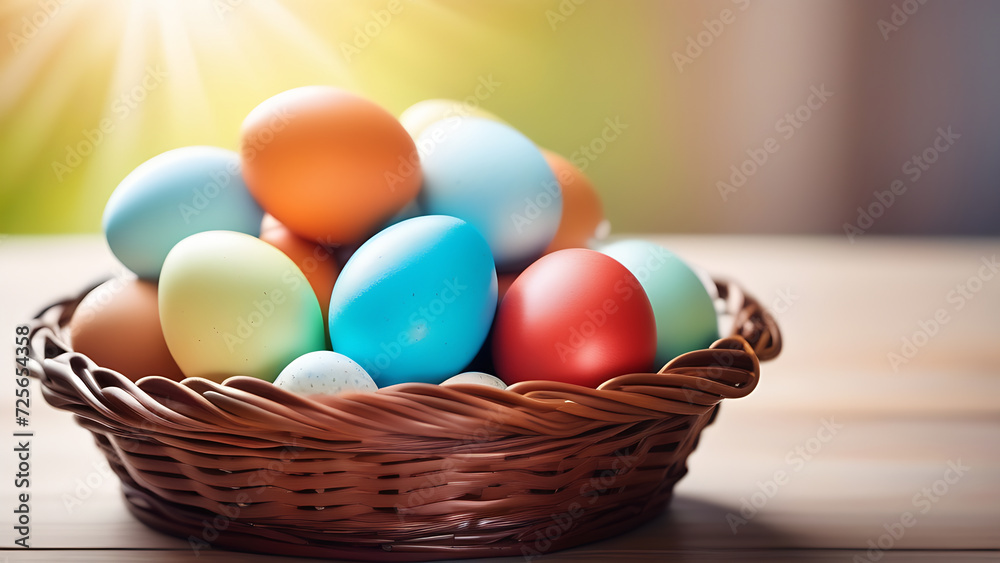 Easter banner with a wicker basket containing colorful eggs. Sweets and treats for the holiday table. Postcard for Easter. Easter banner with a wicker basket containing colorful eggs. Sweets and treats for the holiday table. Postcard for Easter.