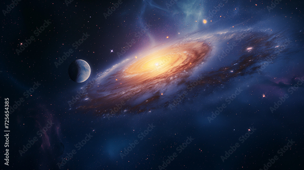 Cosmic Background featuring a Spiral Galaxy with Nebula, Stars, and a Planet, Crafting a Celestial Tapestry of Galactic Beauty and Astronomical Marvels