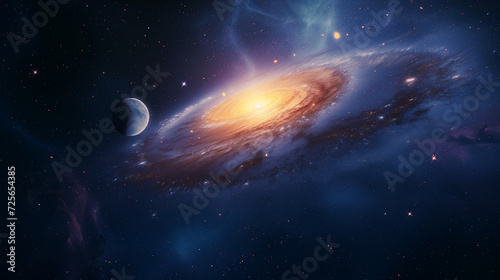 Cosmic Background featuring a Spiral Galaxy with Nebula  Stars  and a Planet  Crafting a Celestial Tapestry of Galactic Beauty and Astronomical Marvels