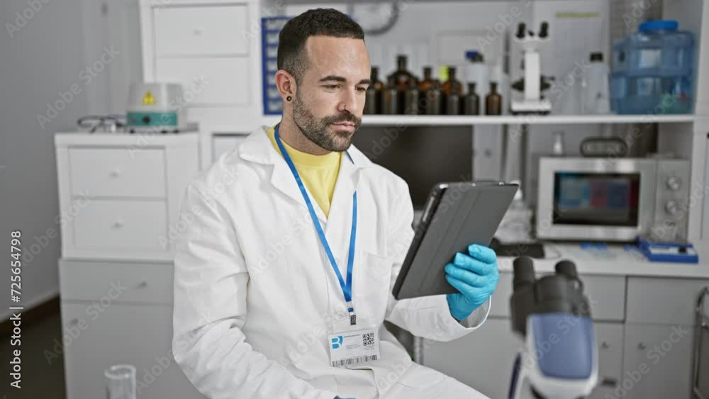 A bearded hispanic male scientist in a laboratory wearing gloves reviews data on a tablet indoors. A bearded hispanic male scientist in a laboratory wearing gloves reviews data on a tablet indoors.