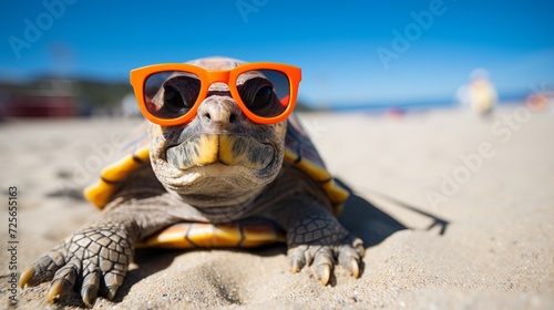 Stylish turtle in orange sunglasses relaxing on the sandy beach by the tranquil sea, close-up shot, banner