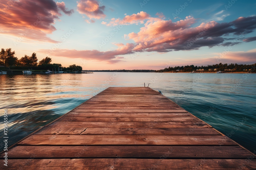 Old wooden dock at the lake, sunset shot