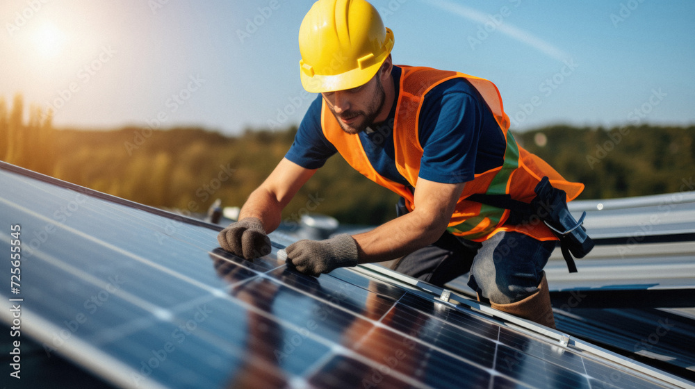 Male worker installing solar panels on photovoltaic power station . Male worker installing solar panels on photovoltaic power station .