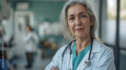 Medica europeia com cabelos grisalhos em um hospital