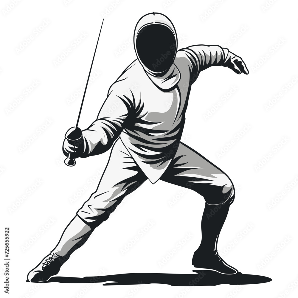 Naklejka premium Elegant Fencer in Action Vector Illustration. Dynamic Vector Logo Illustration. Ready For Fencing Competion 