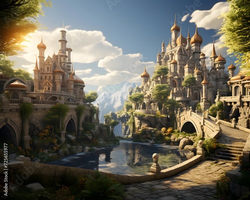 Fantasy fantasy landscape with ancient buildings and river. Panorama. © Michelle