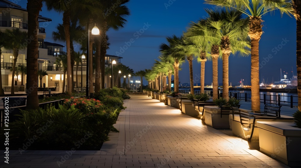 Palm trees along the waterfront at night, Miami, Florida.