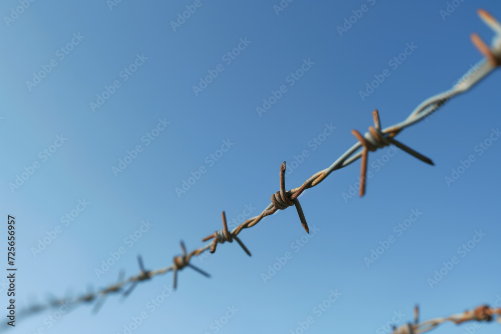 Close-up of Barbed Wire Against Clear Sky. A detailed close-up of rusty barbed wire, with a clear and expansive blue sky in the background, symbolizing restriction. Close-up of Barbed Wire Against Clear Sky. A detailed close-up of rusty barbed wire, with a clear and expansive blue sky in the background, symbolizing restriction.