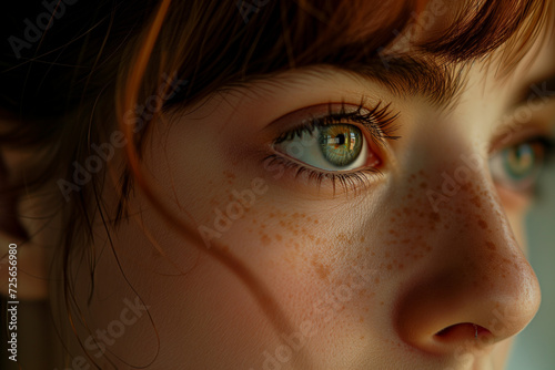 Depth in Detail: A Pensive Gaze. Intense close-up of a young woman's eyes, adorned with freckles.