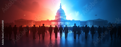 Bipartisan Divide: US Capitol in Dual Light. The US Capitol illuminated in contrasting red and blue hues with silhouetted figures representing political division. photo