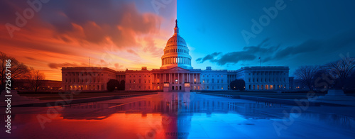 Partisan Split: US Capitol in Dichromatic Light. The US Capitol building split by blue and red lighting, symbolizing the divide between Democrats and Republicans.
