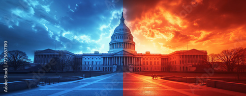 Election Divide: US Capitol at Sunset. A dynamic image of the US Capitol, bathed in blue and red hues, illustrating the electoral divide between Republicans and Democrats.