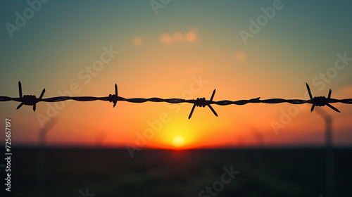 Dusk Silhouettes: Barbed Wire on Sunset. Silhouette of barbed wire against a warm sunset, representing a closed border at dusk.