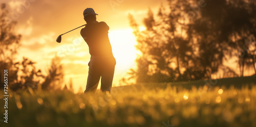 Silhouette of Golfer Swinging at Sunset. Silhouette of a golfer executing a perfect swing on the course, with a stunning sunset and trees in the background.