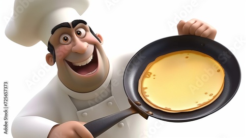 Candlemas or Shrove Tuesday celebration, making French crepes on a frying pan, person preparing pancakes for Mardi Gras, a smiling, kind, cheerful chef working in a restaurant holding a pan