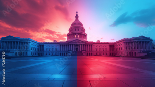 Election Divide: US Capitol at Sunset. A dynamic image of the US Capitol, bathed in blue and red hues, illustrating the electoral divide between Republicans and Democrats.