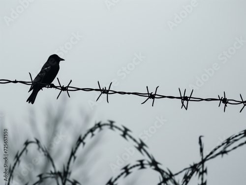 Solitary Silhouette: Bird on Barbed Wire. Bird perched on barbed wire, silhouette against the sky. © GustavsMD