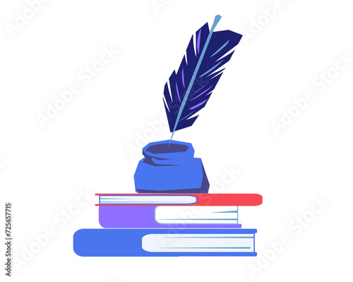 Writing poetry and literature emblem with books and pen ink. Creativity, literature and education, copywriting and text writing, flat cartoon vector illustration isolated on blue background.