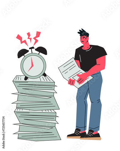 Exhausted overworked businessman with chaos in documents and deadline limits. Tired man struggle with stress and overwork, nervous breakdown or burnout, flat vector illustration isolated on background