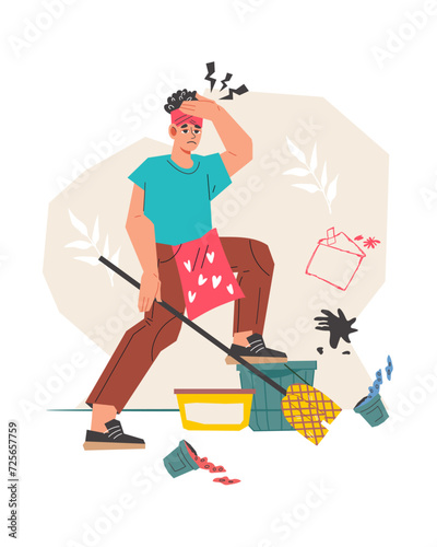 Housewife overwhelming and exhausting, feelings of frustration, depression and being overworked. Woman tired of housework tasks and chores, flat vector illustration isolated on white background.