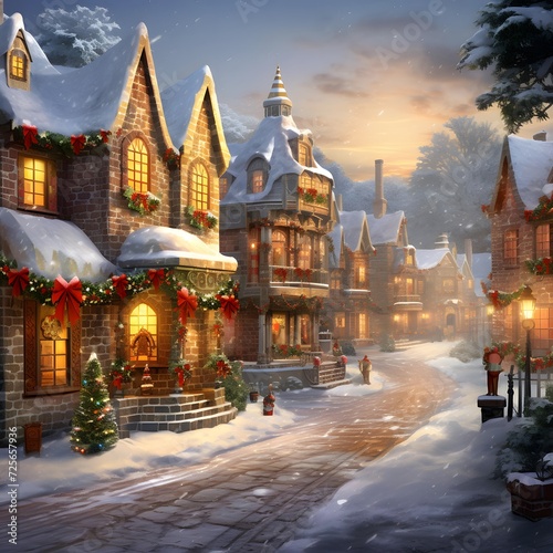 Christmas village with snow and lights at night. Digital art painting.