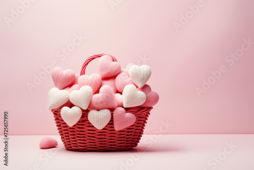 Red basket filled with pink and white heart-shaped decorations on a pink background. Ideal for Valentines Day, love, or romantic events. Copy space available.