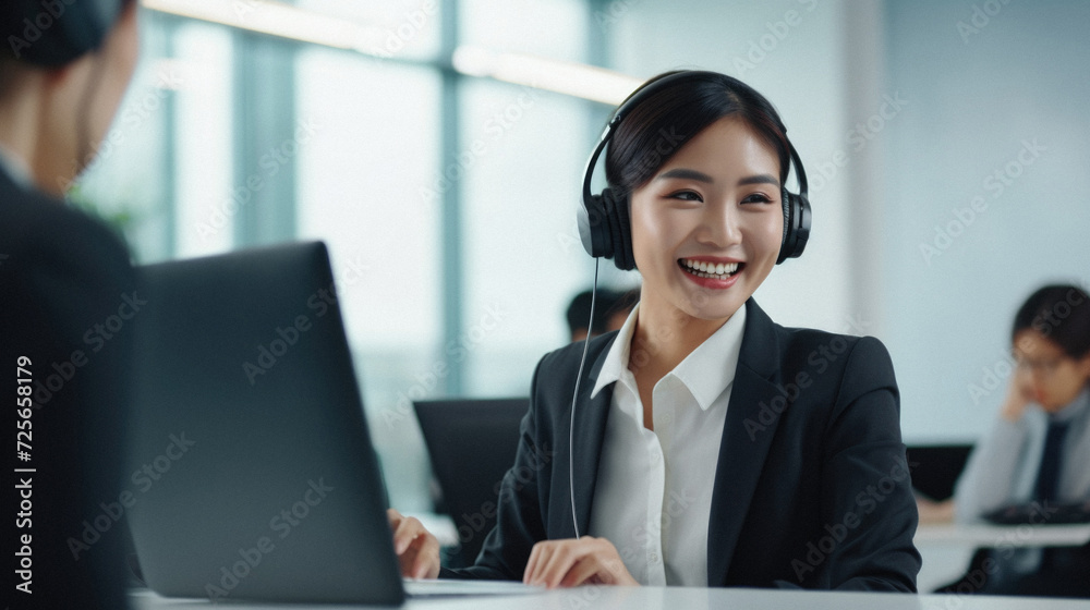 Smiling businesswoman in headset working with colleague in call center office Smiling businesswoman in headset working with colleague in call center office