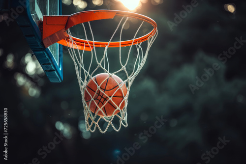 basketball game ball in hoop. winning points at a basketball game. Basketball, ball going through hoop. detail shot. Basketball going through the basket at a sports arena © Nataliia_Trushchenko