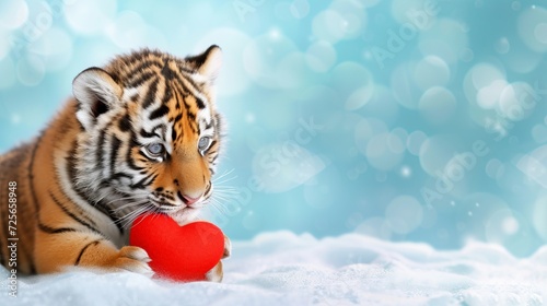 Tiger cub presenting heart shaped gift on blurred magical background for valentine s day photo