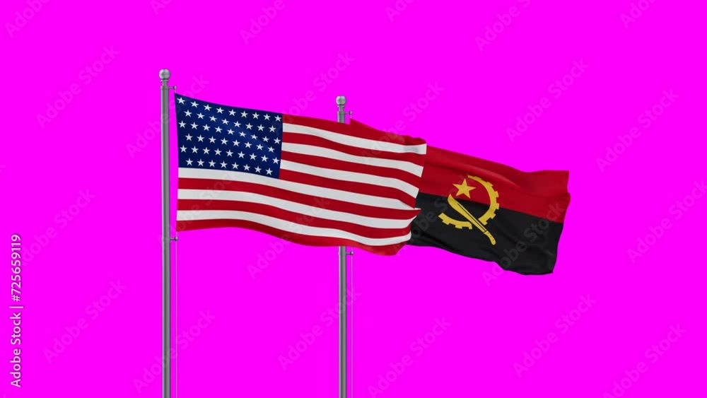 USA or United State flags and Angola flag waving with colored chroma key for easy background remove, endless seamless loop