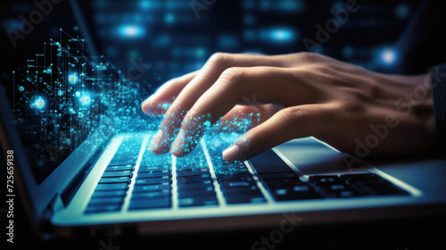 Close up of businessman hands using laptop with circuit on screen at night