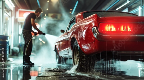 man pressure washing a classic red car in a car wash bay, water and foam cover the surface of the car, reflecting the thorough cleaning process. © ProstoSvet