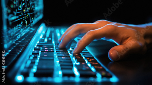 Close up of male hands typing on laptop keyboard. Male hands typing on computer keyboard at night .