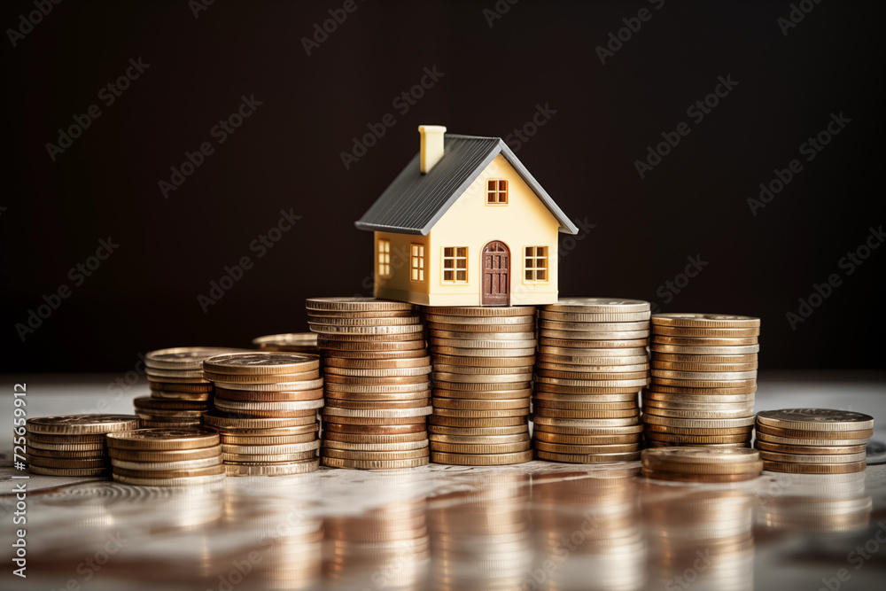 House sitting on stacked coins representing wealth building through real estate and home equity