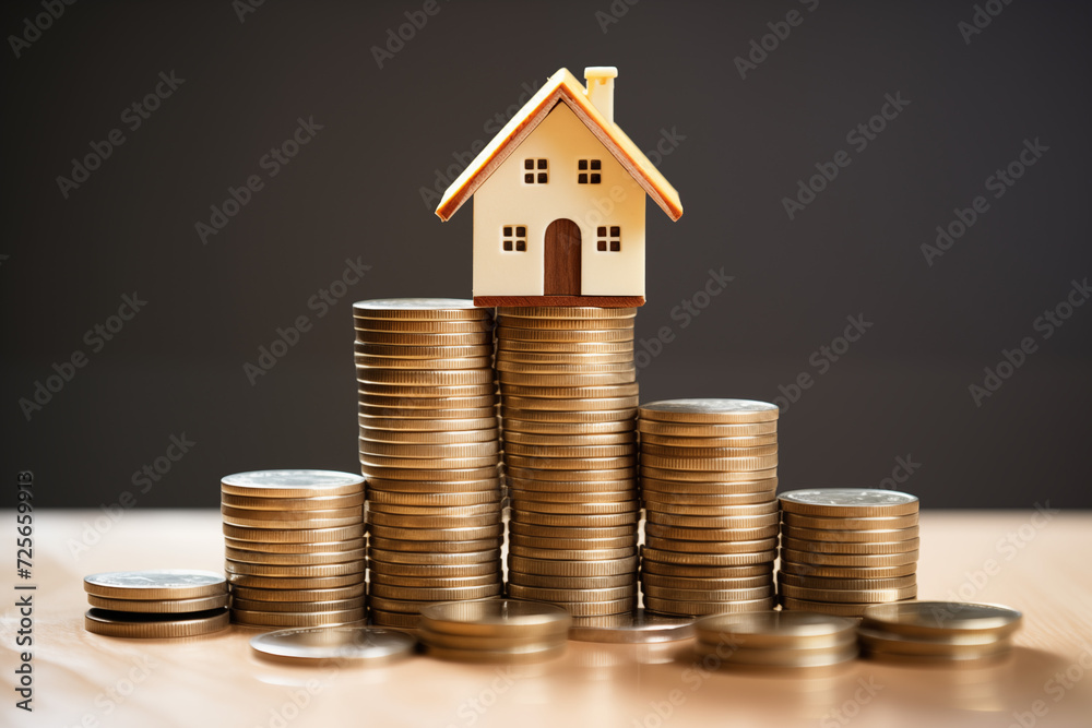 House sitting on stacked coins representing wealth building through real estate and home equity House sitting on stacked coins representing wealth building through real estate and home equity