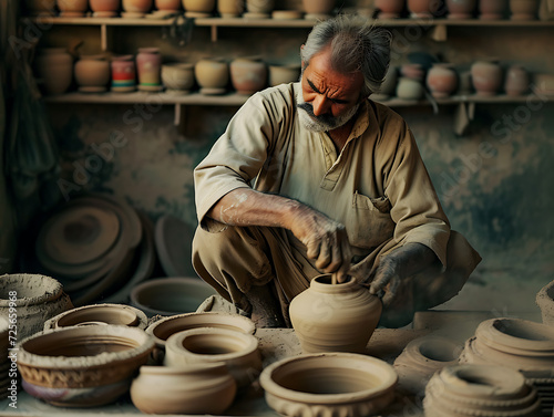 An old man with grey hair making traditional pottery in the village with a shop full of pottery crafts in the background. Created with Generative AI.