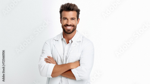 Smiling young doctor in white coat standing with crossed arms isolated on white