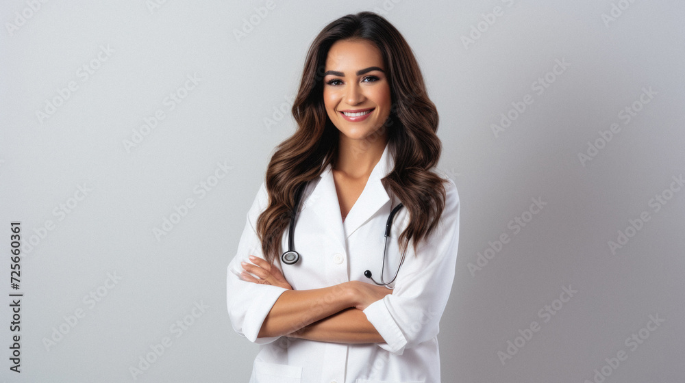 Portrait of a smiling female doctor with stethoscope over grey background Portrait of a smiling female doctor with stethoscope over grey background