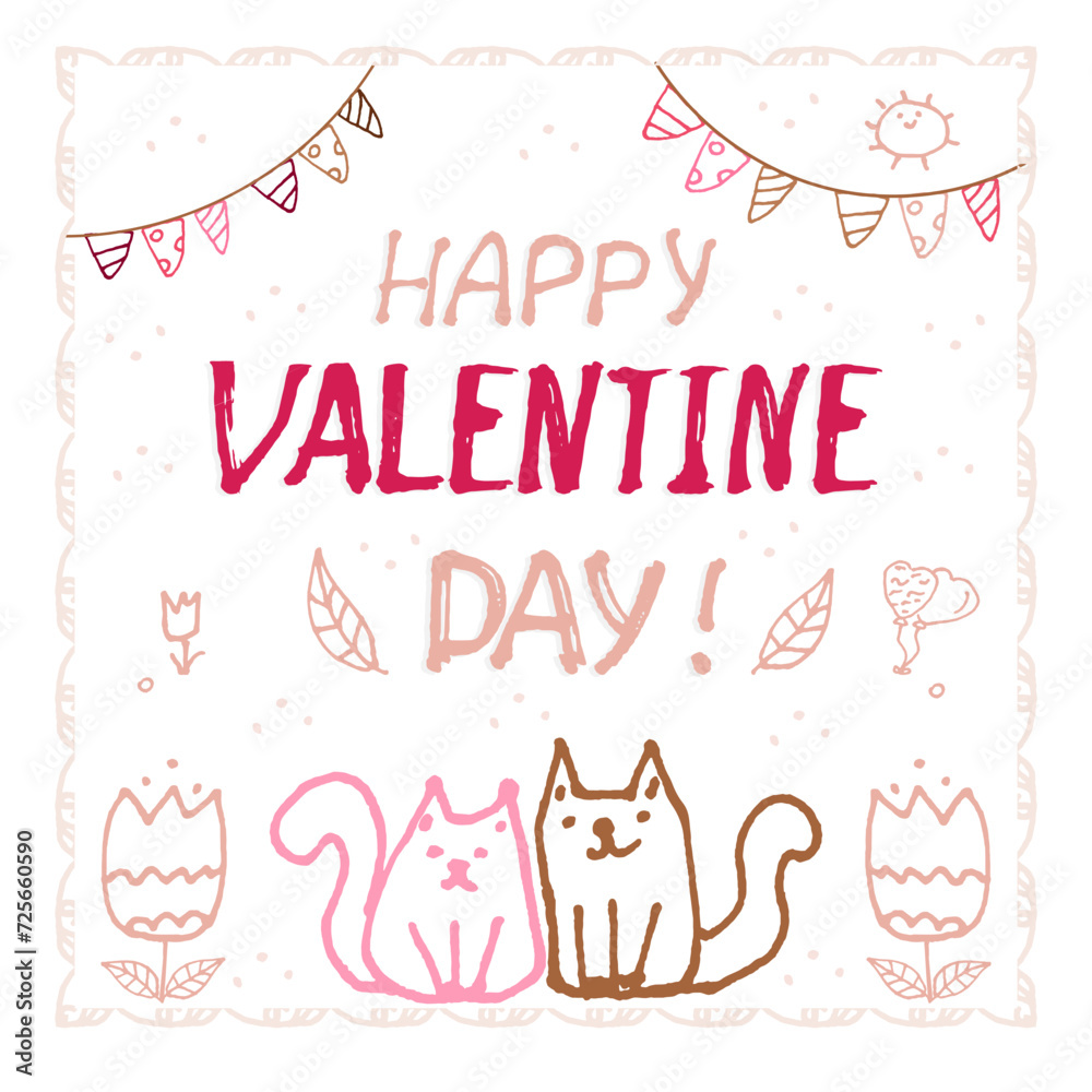Happy Valentine Day Card with doodle cat vector illustration