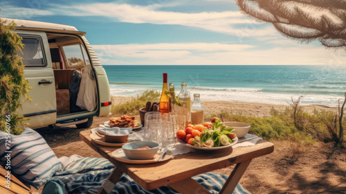 Summer picnic on the beach with a campervan. Holidays on the nature .