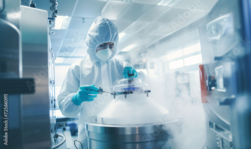 A healthcare worker works with liquid nitrogen cryo-storage in a modern laboratory. photo