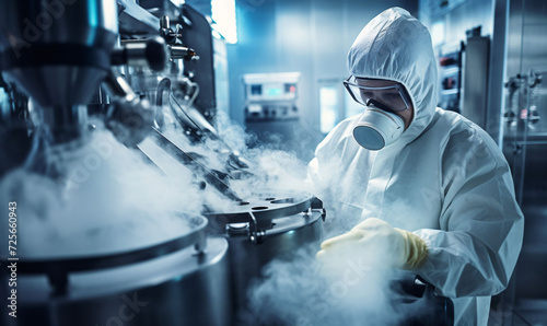 A laboratory worker in a protective uniform performs an embryo biopsy. Sample cryopreservation with liquid nitrogen in a modern laboratory.