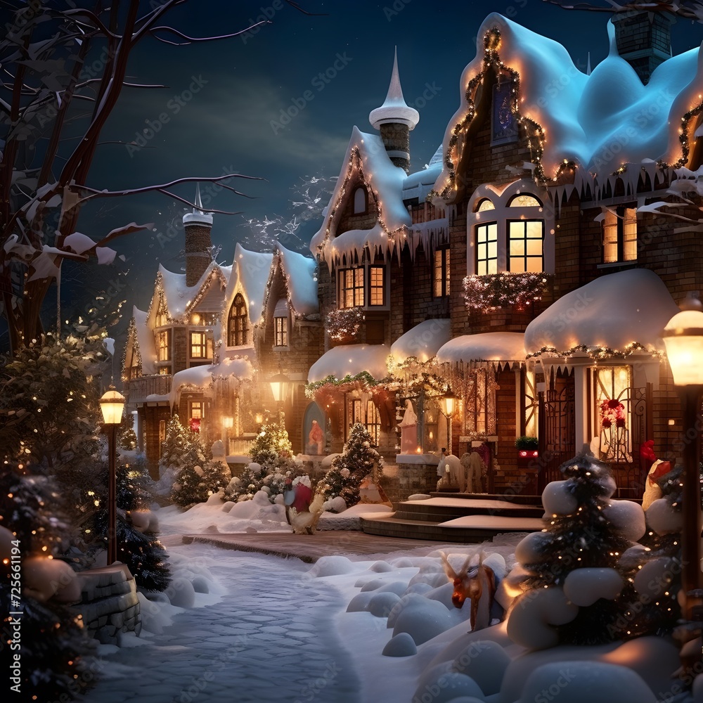 3D Illustration of a Winter Scenery with Christmas Trees and Houses