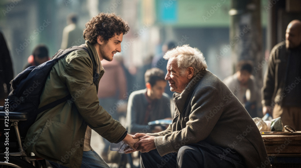 Portrait of an elderly man and a young man in the city Portrait of an elderly man and a young man in the city