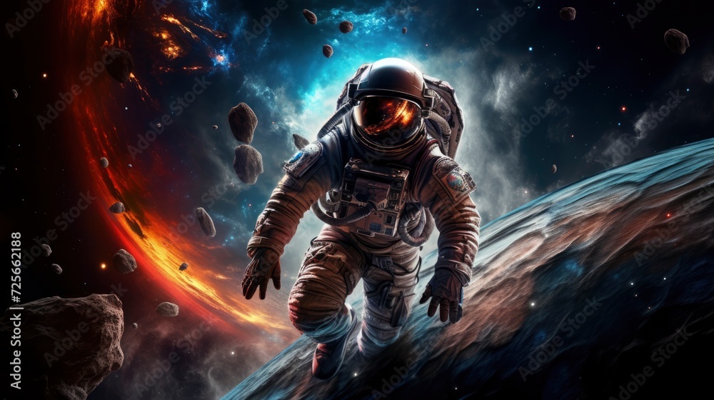 An astronaut in a spacesuit hovers weightlessly with a dramatic vista of planets, stars, and nebulae in the background. Generative ai