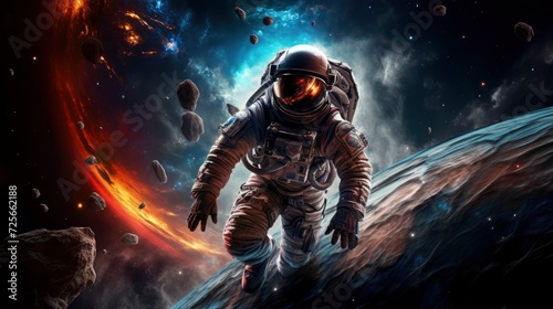 An astronaut in a spacesuit hovers weightlessly with a dramatic vista of planets, stars, and nebulae in the background. Generative ai © Mina Nida